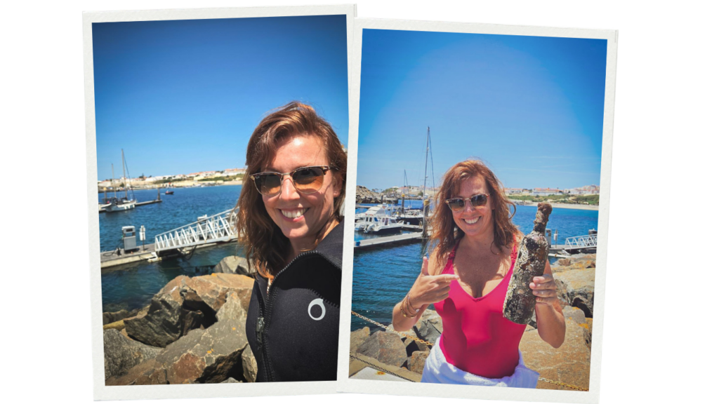Vick Fichtner at Sines harbour before and after retrieving an underwater-aged wine bottle