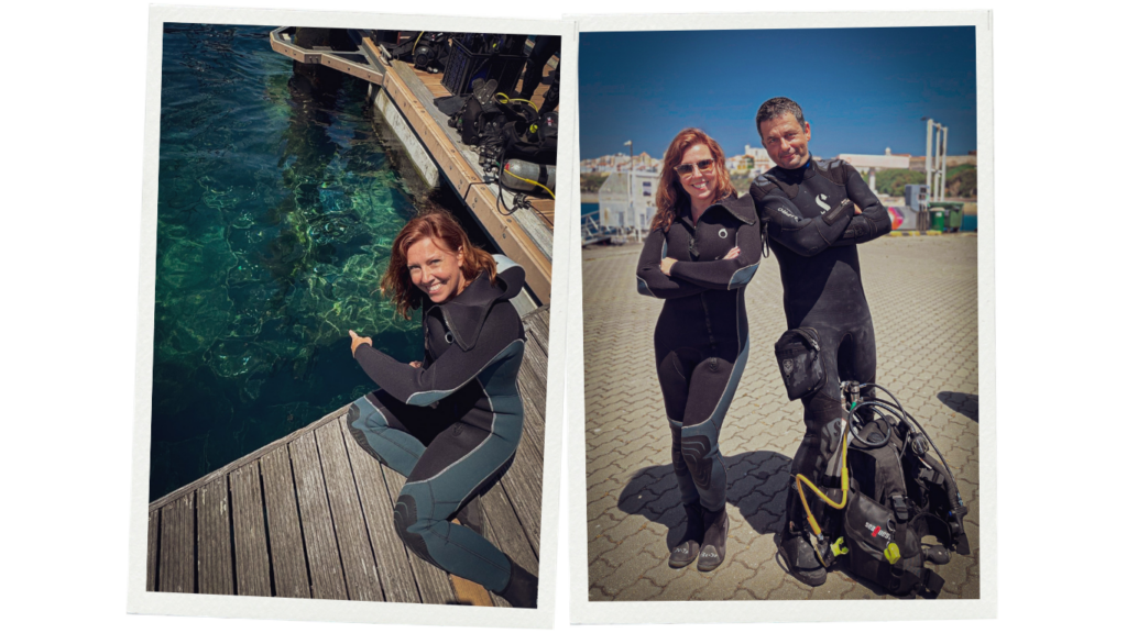 Vick Fichtner and Joaquim Parrinha preparing to dive into the underwater wine cellar in Sines, Portugal Vick preparing for the underwater wine dive in Sines, including a view of submerged wine structures visible from the harbour and the diving team before entering the Atlantic.