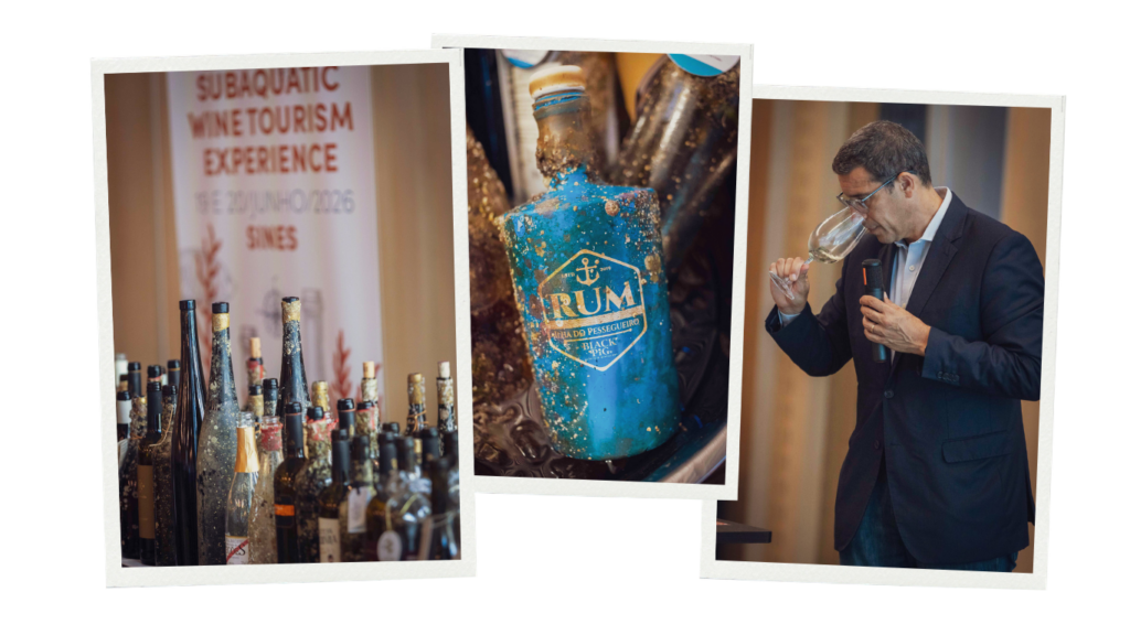 Sommelier Rodolfo Tristão tasting wine alongside underwater-aged bottles and Black Pig rum in Sines